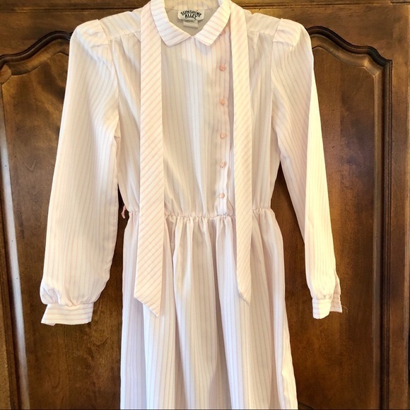 VINTAGE 70s Dress White Pink Stripes Bow Tie Belted size 10 - Picture 13 of 16